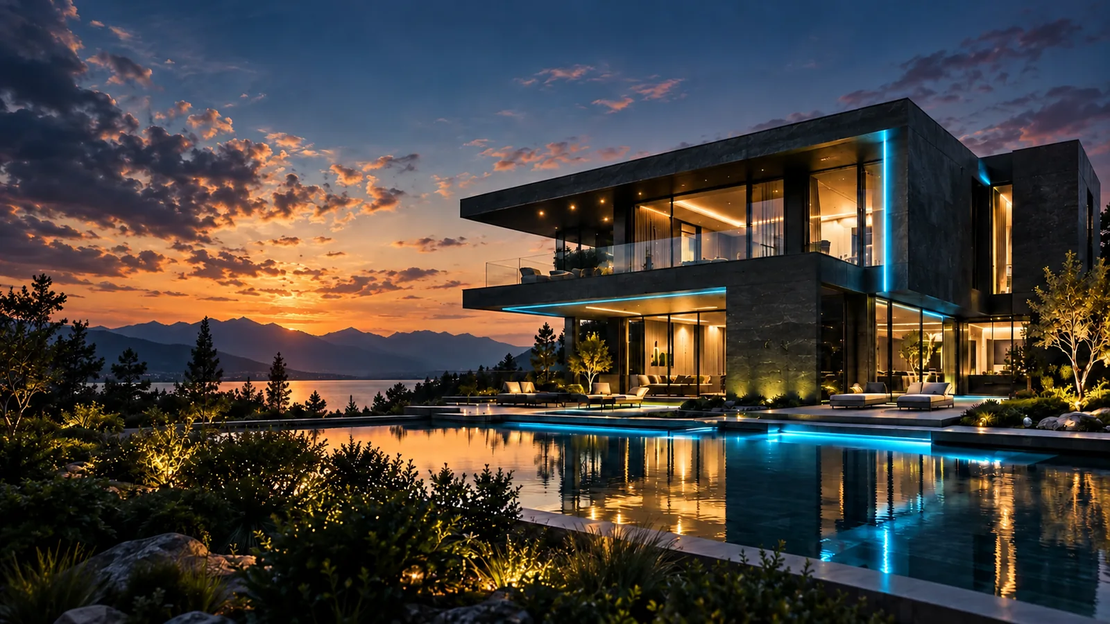 Illustrative contemporary villa at dusk with warm lighting and a reflecting pool