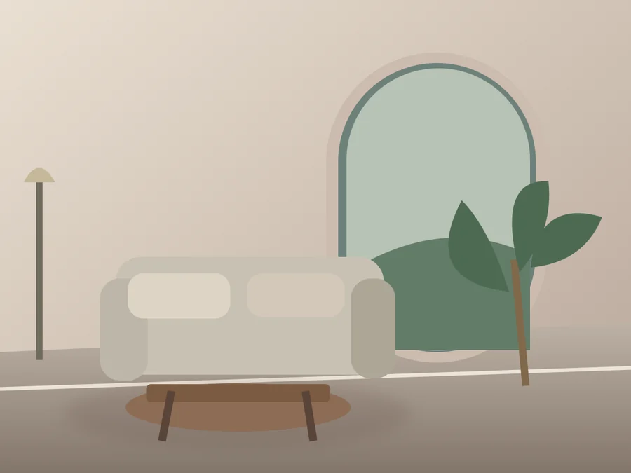 Illustrative calm contemporary interior with warm natural materials